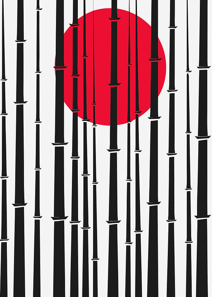 Minimalist Bamboo Forest with Red Sun