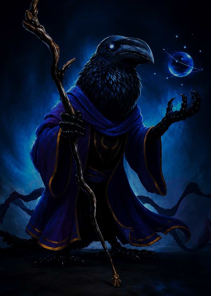 Raven Wizard with Cosmic Orb