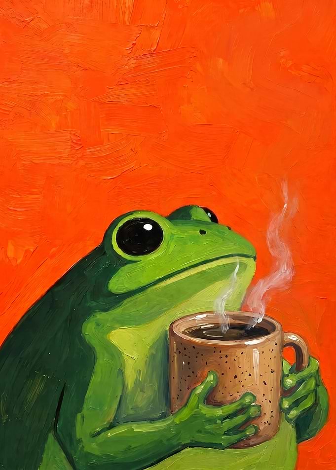 Green Frog Holding Coffee Mug