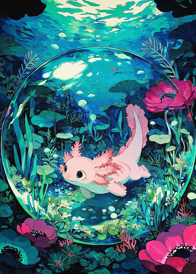 Axolotl Underwater Bubble Art