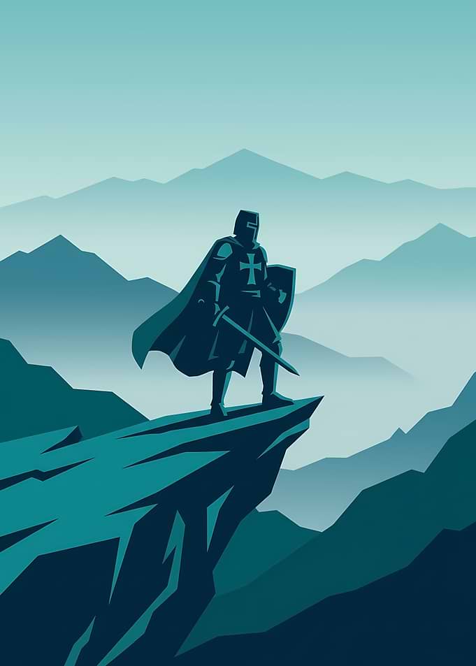 Knight Standing on Mountain Peak