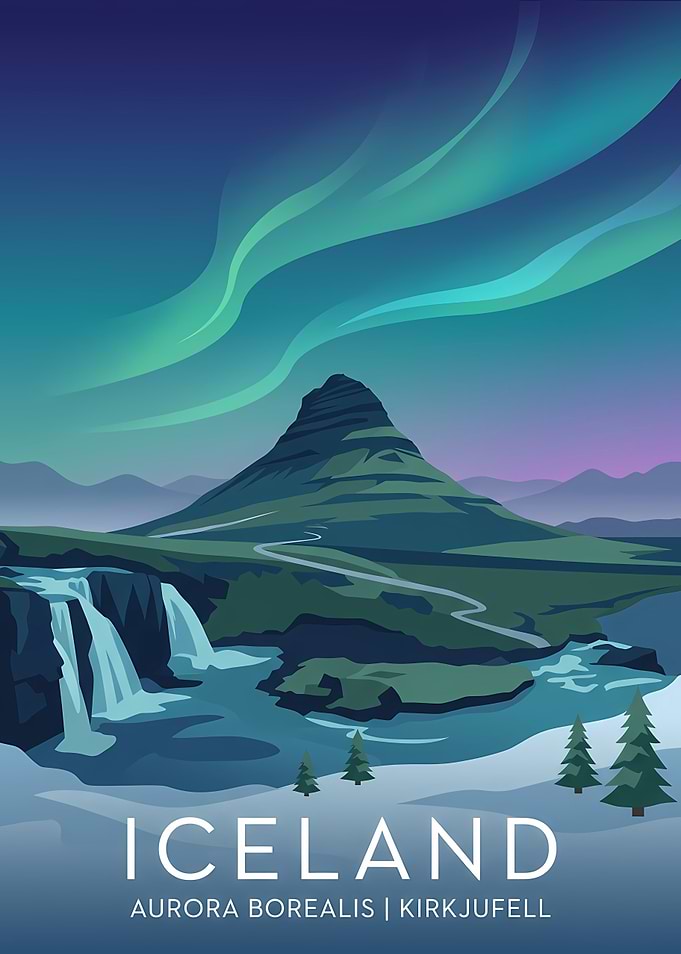 Iceland Aurora Borealis Kirkjufell Travel Poster