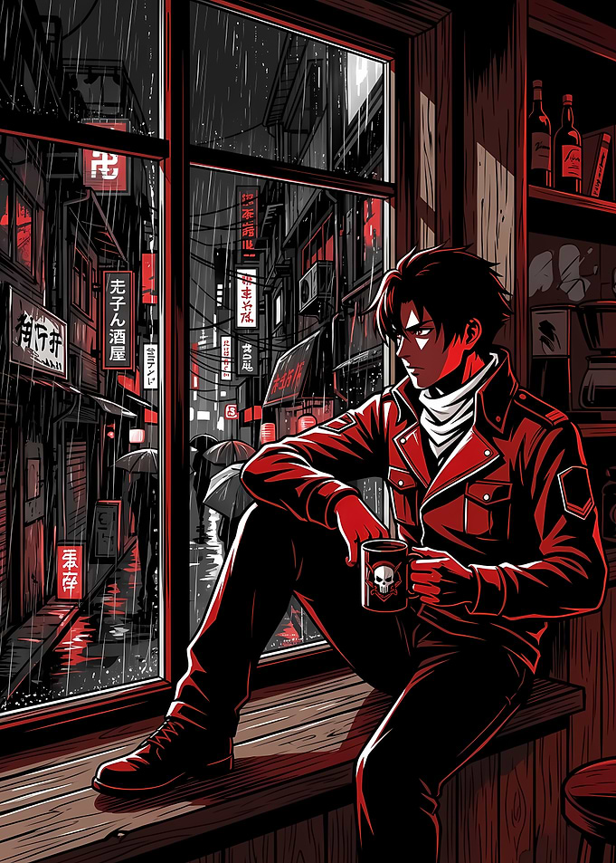 Anime Man Drinking Coffee in Rain