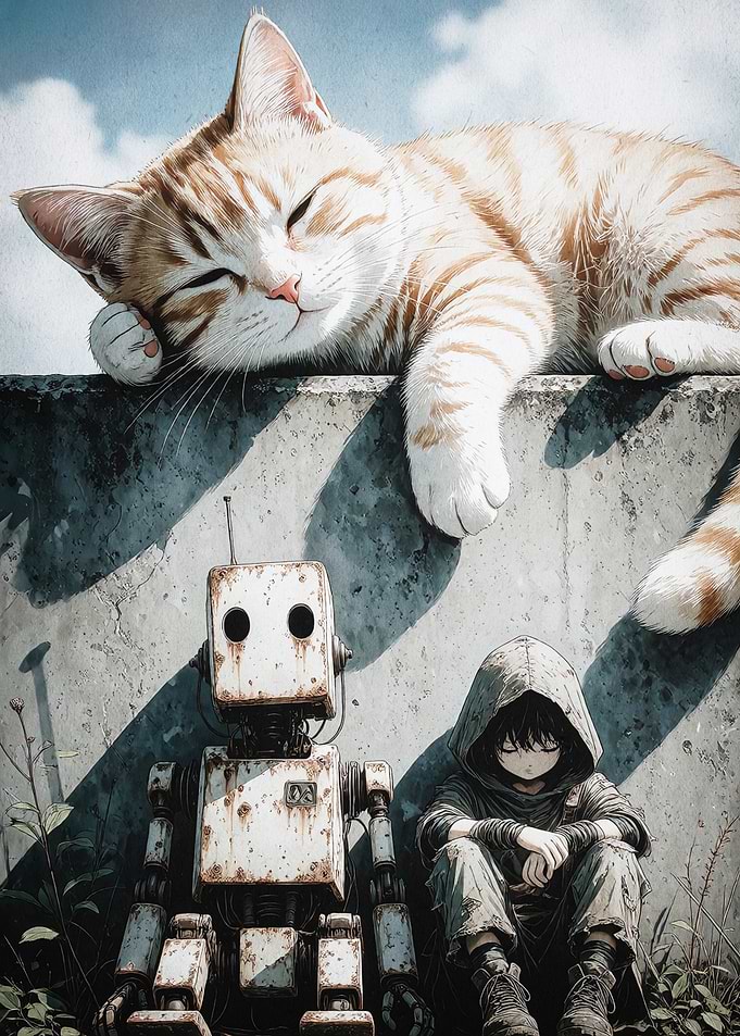 Cat Robot Boy Apocalyptic Art