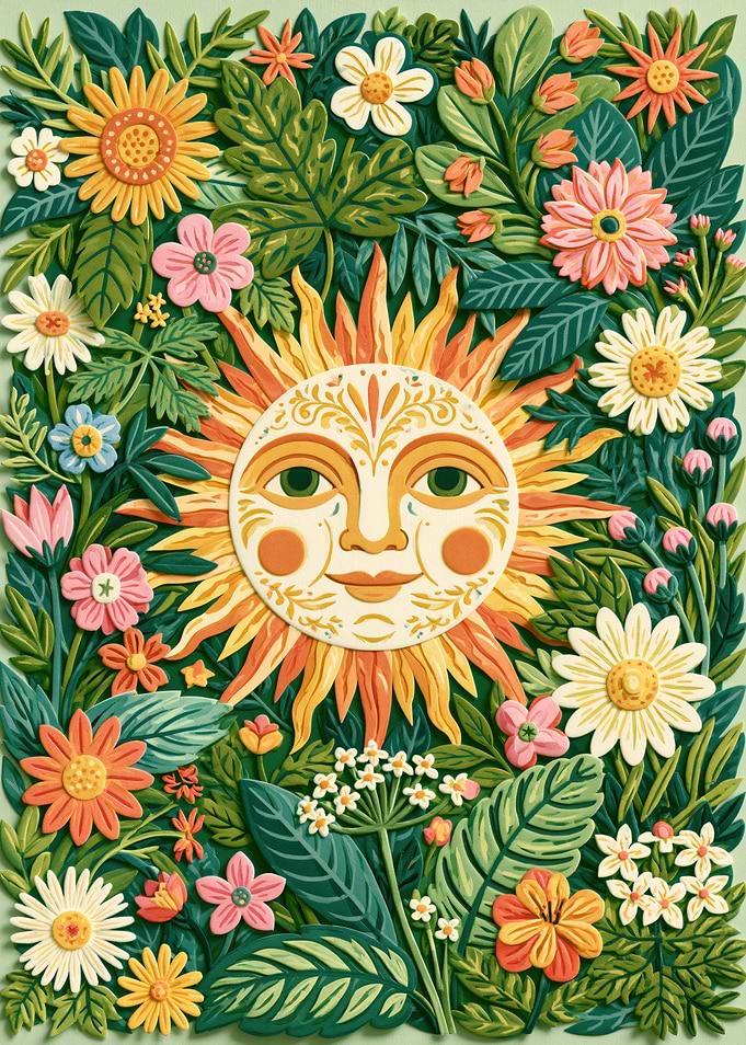 Sun Face Surrounded by Floral Garden