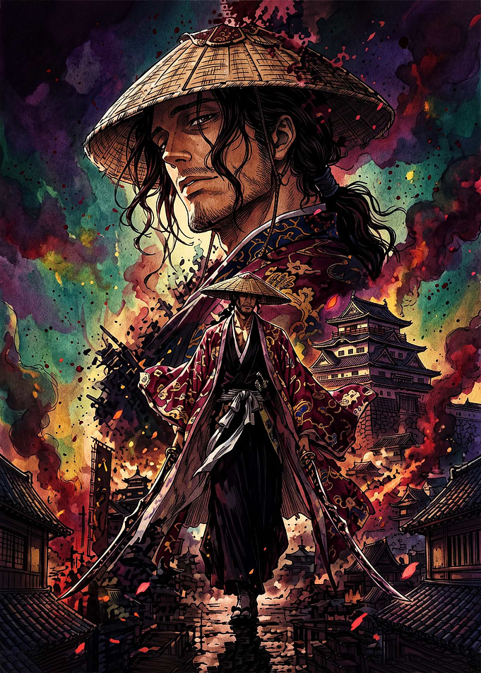 Samurai Warrior in Burning City