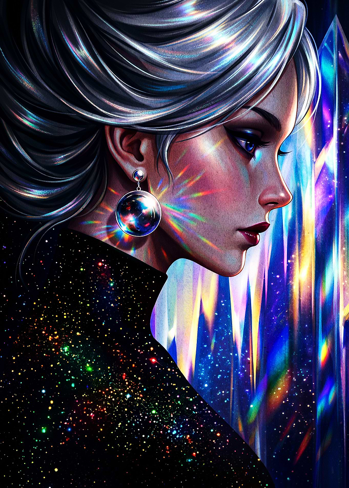 Ethereal Woman with Cosmic Crystal Aura