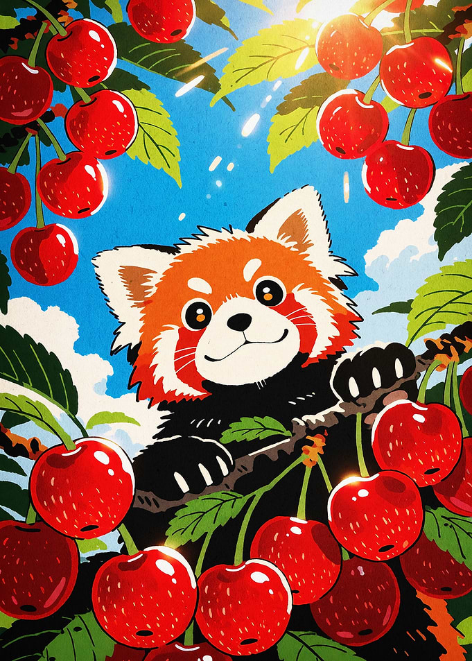 Red Panda Cherry Tree Cute Poster