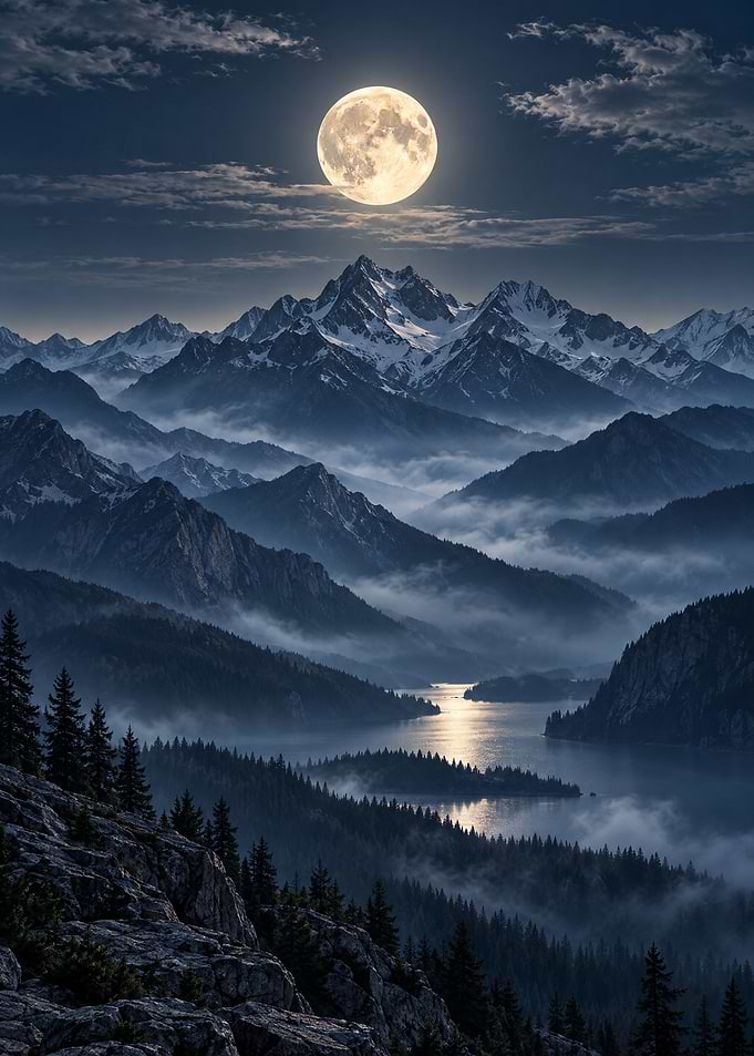 Full Moon Over Misty Mountain Lake