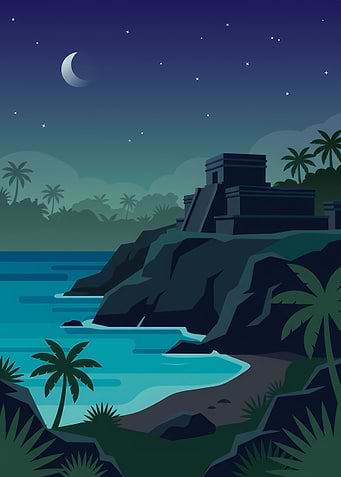 Mayan Temple Ruins at Night