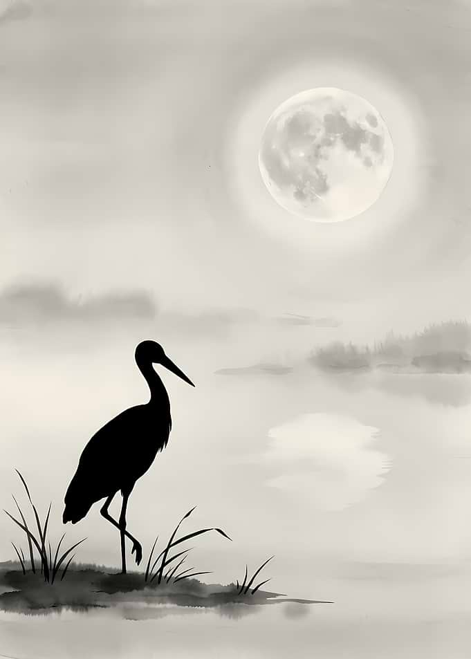 Stork Silhouette Under Full Moon