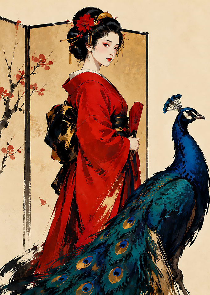 Geisha in Red Kimono with Peacock