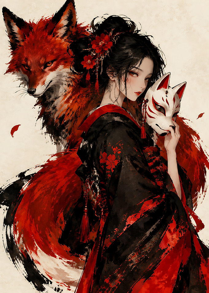 Woman in Kimono with Fox Spirit