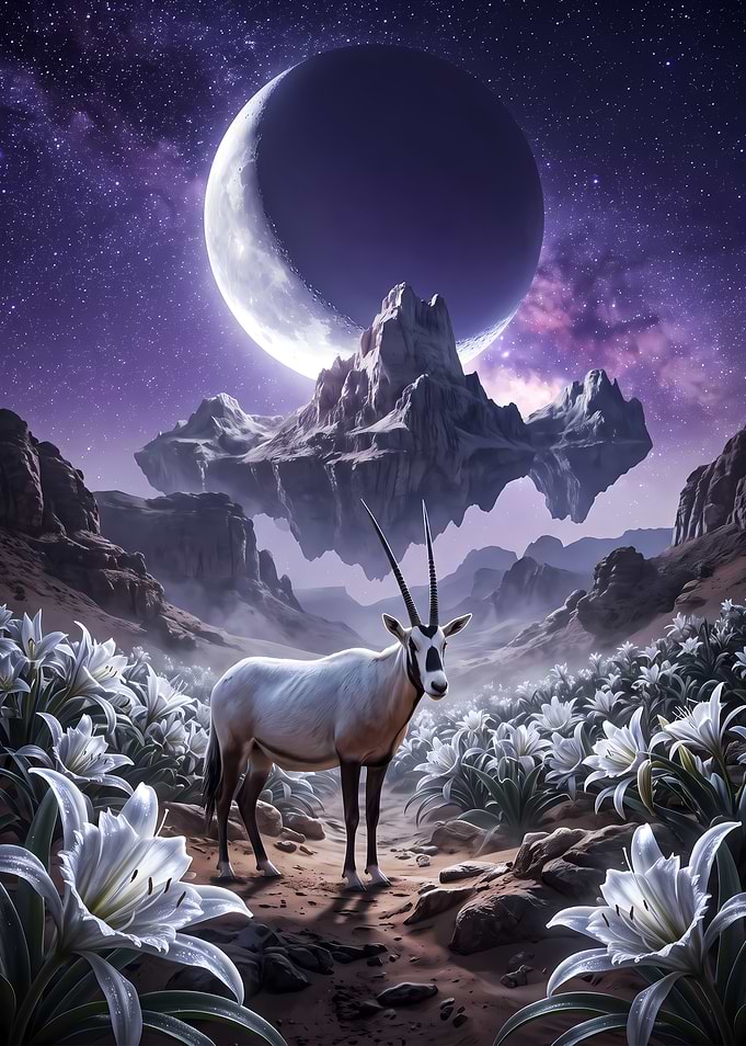 Oryx in a Surreal Moonlit Landscape