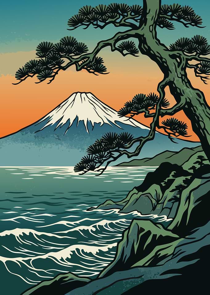 Mount Fuji and Pine Tree Landscape