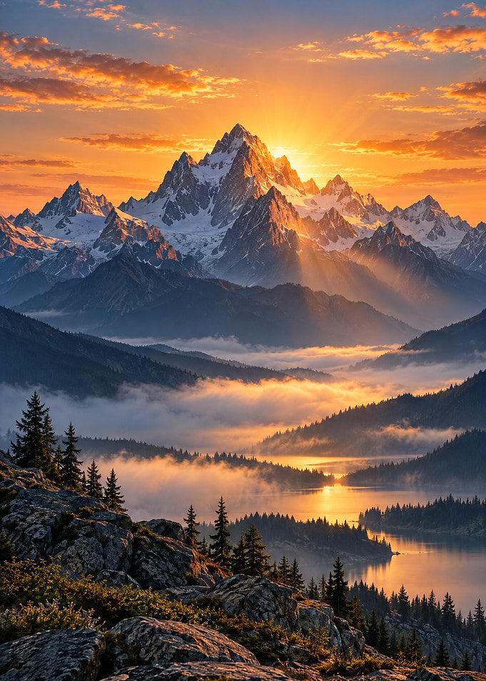 Golden Sunrise Over Mountain Lake