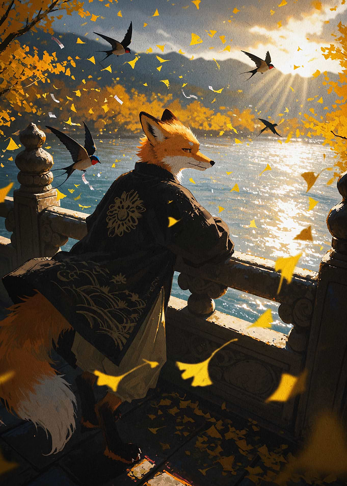 Fox Samurai Lake Autumn Art Poster