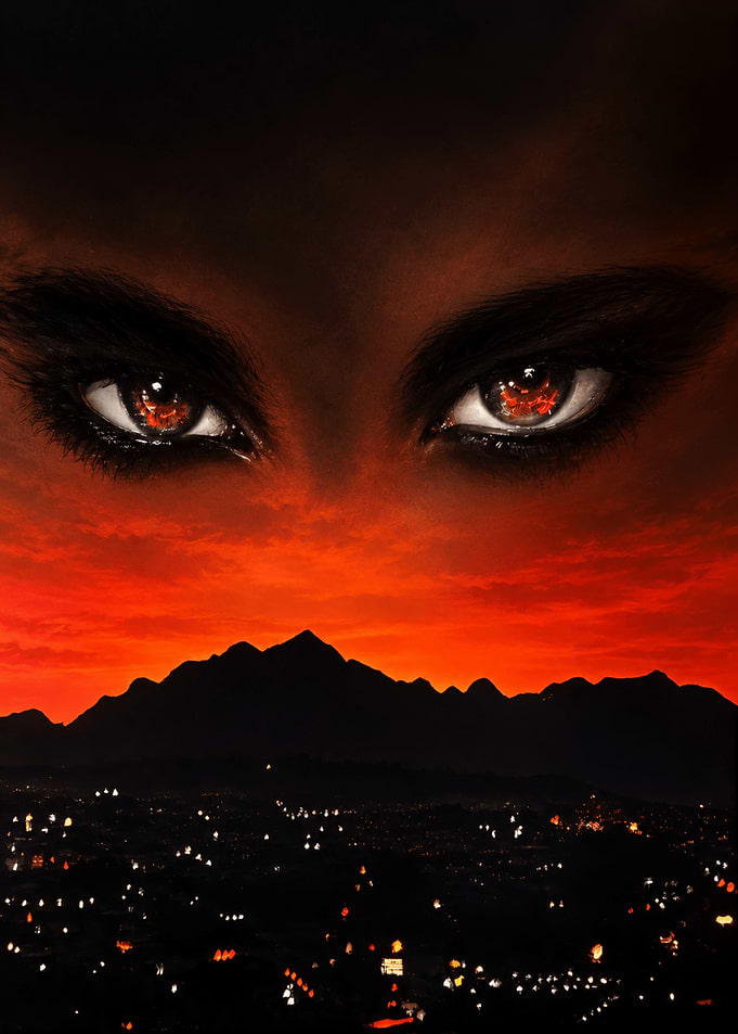Fiery Eyes Over Dark Cityscape