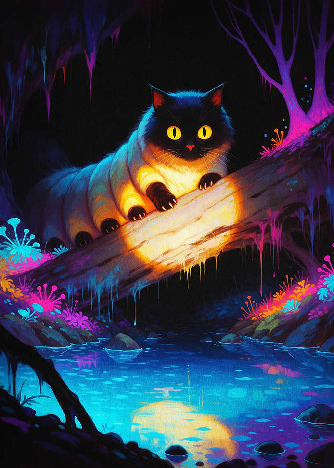 Neon Cat Caterpillar Dark Fantasy A