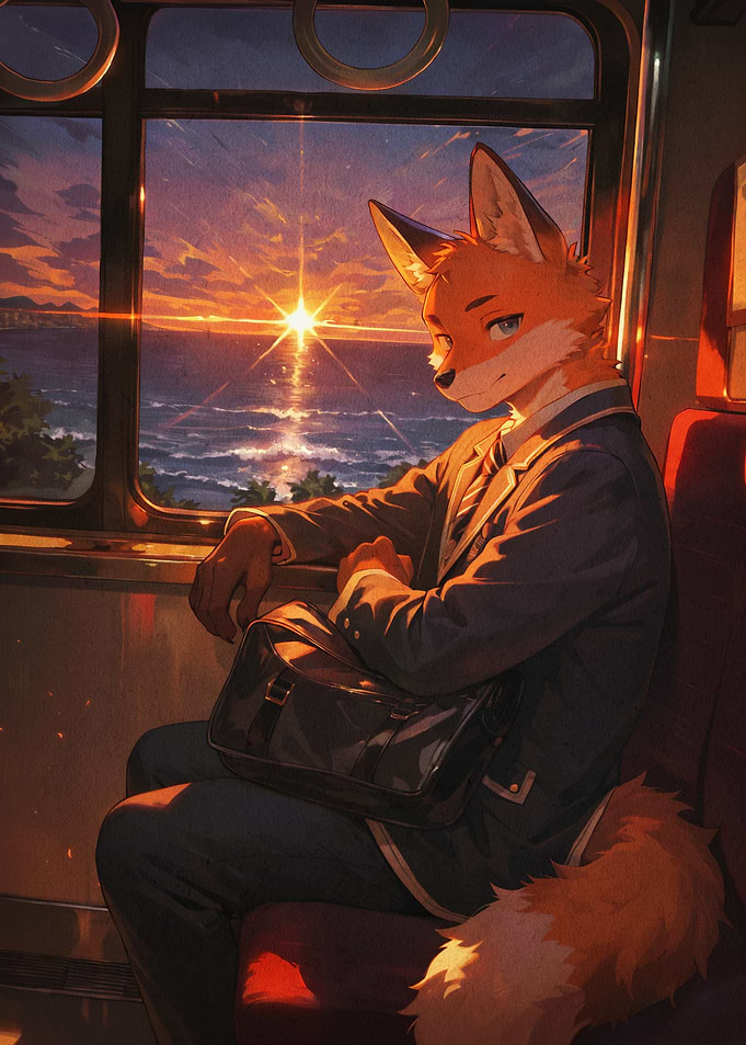 Fox Train Ride Anime Sunset Poster