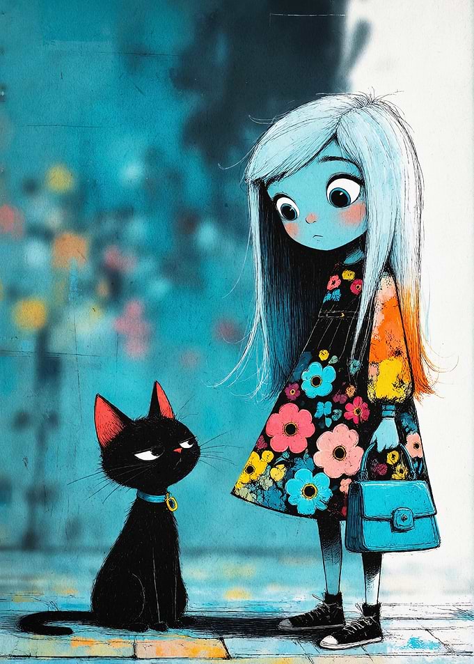 Blue Girl Cat Fantasy Art Poster