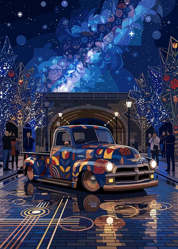 Patterned Vintage Truck Under Night Sky
