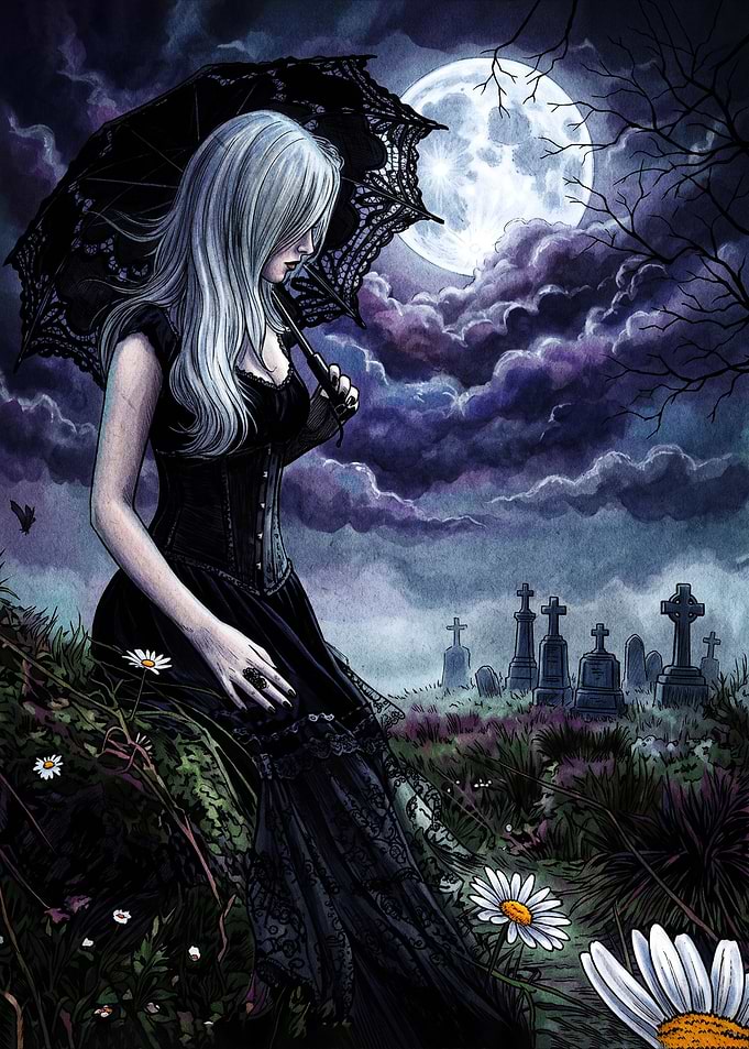 Gothic Woman with Parasol in Cemetery