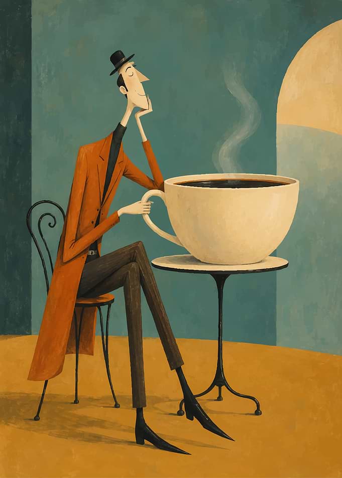 Tall Man with Giant Coffee Cup