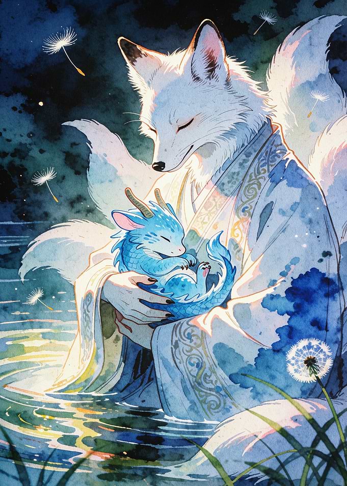 Kitsune Dragon Fantasy Watercolor A