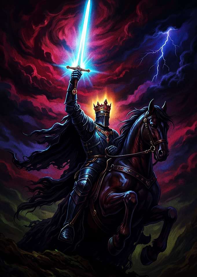 Dark Knight Riding with Glowing Sword