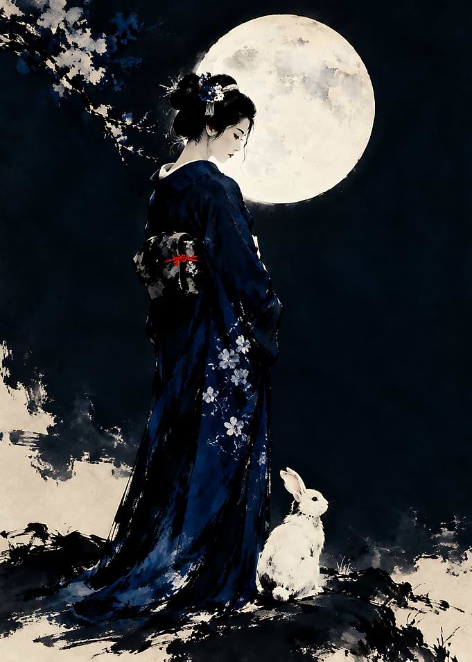 Geisha and Rabbit Under Full Moon