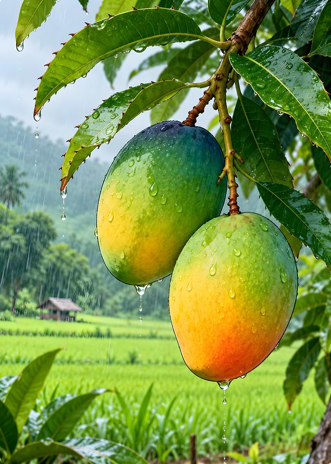 Fresh Mangoes Hanging in Rain