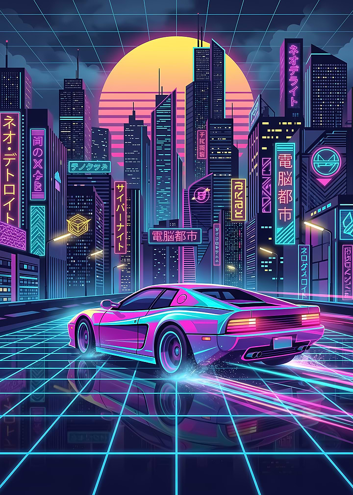 Retro Synthwave Sports Car Cityscape