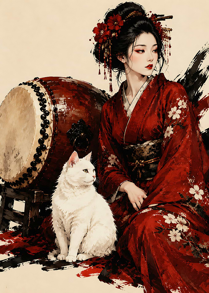 Geisha with White Cat and Drum