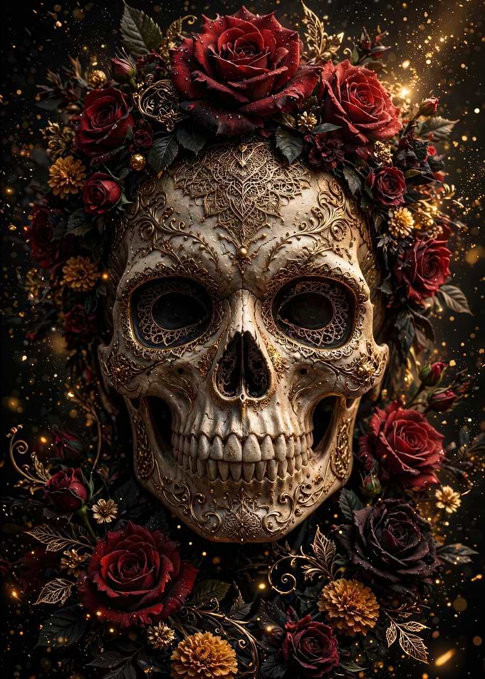 Ornate Skull with Red Roses