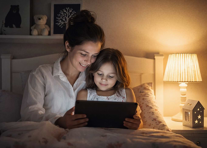 Mother and Daughter Using Tablet in Bed