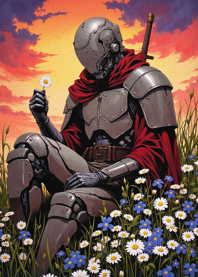 Cyber Knight Flower Retro Poster