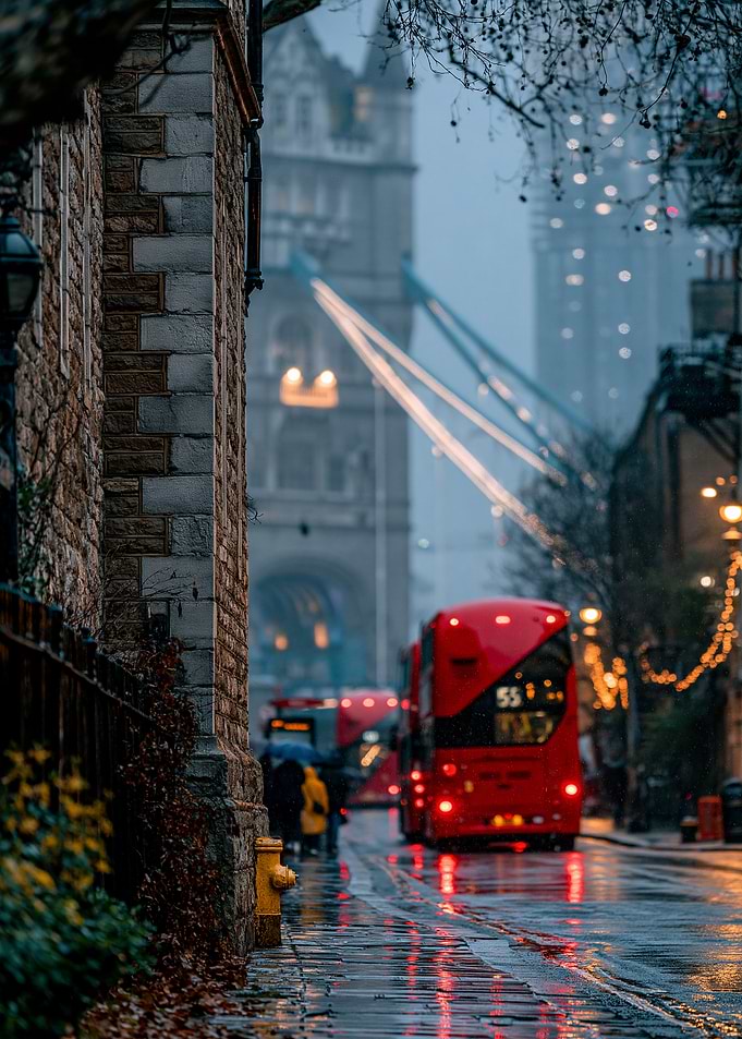 Rainy London Street with Red Bus