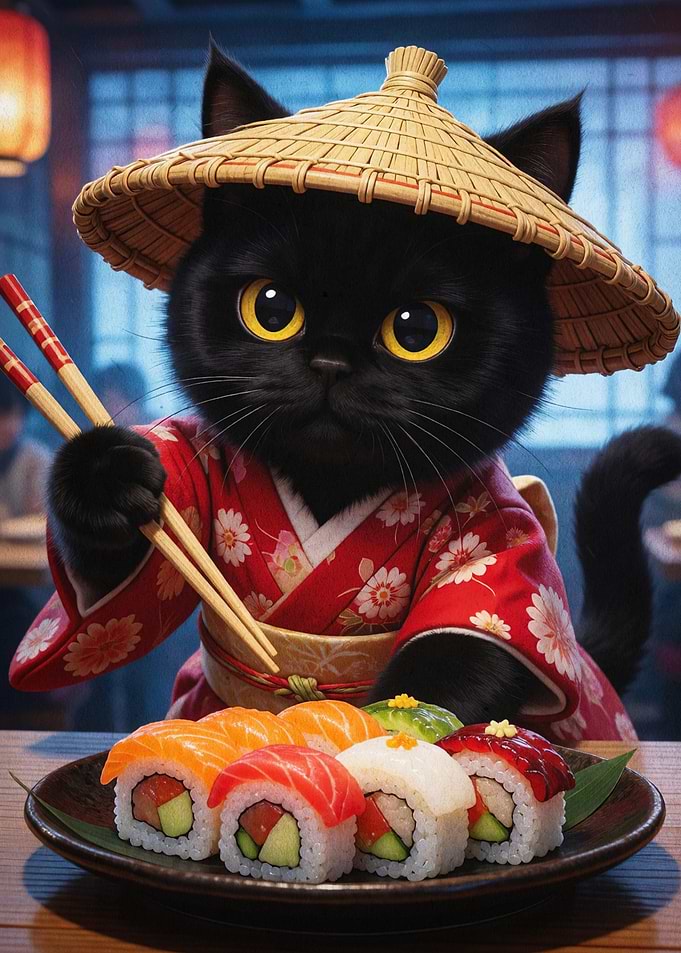 Black Cat Sushi Chef Japanese Art
