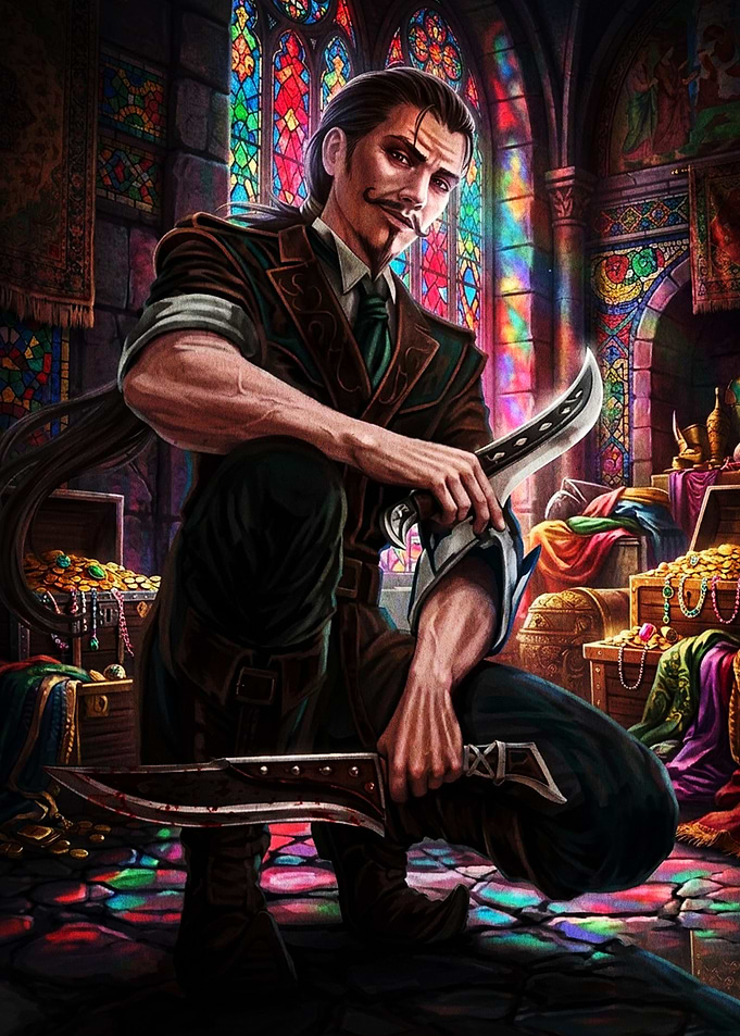 Fantasy Rogue with Daggers in Treasure Room