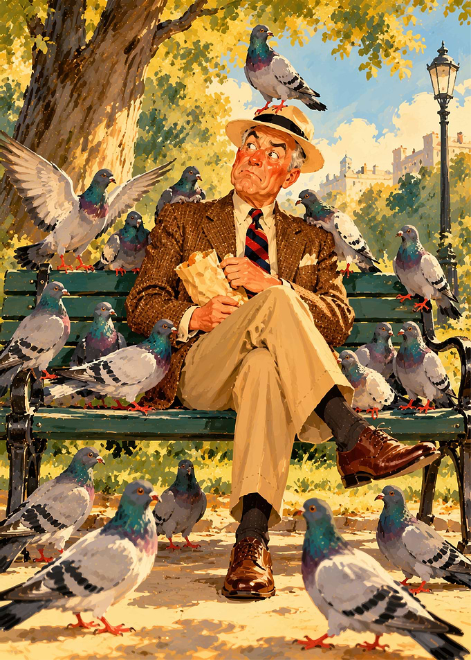 Man Swarmed by Pigeons on Bench