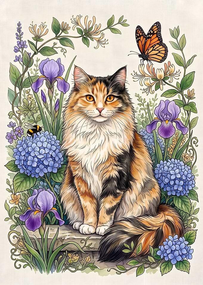 Calico Cat in Floral Garden