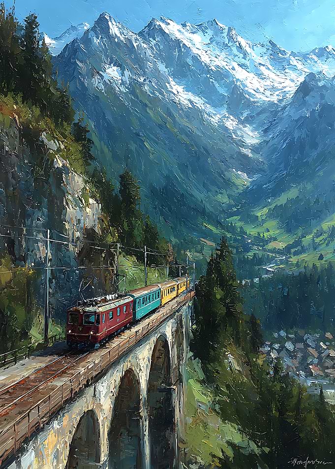 Train Crossing Alpine Stone Viaduct