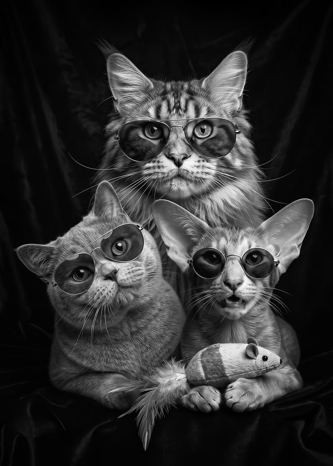 funny black and white Three Cool Cats Wearing Sunglasses