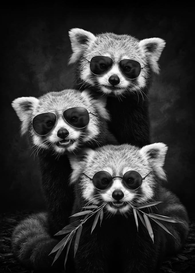 black and white Three Cool Red Pandas Wearing Sunglasses