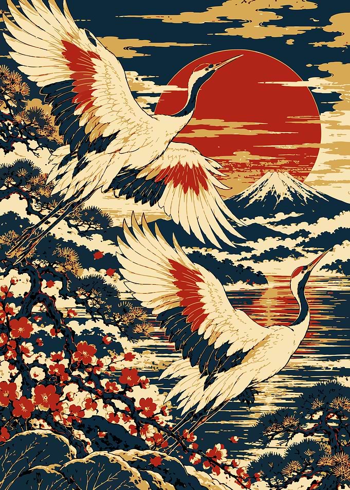 Japanese Cranes and Mount Fuji Art