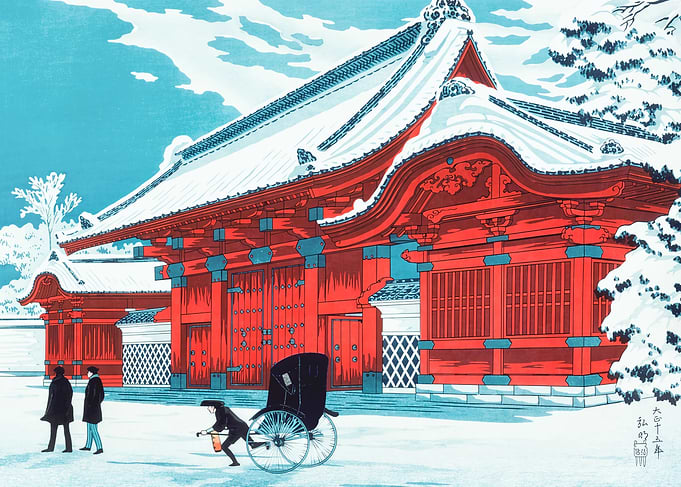 Snowy Japanese Temple Gate with Rickshaw