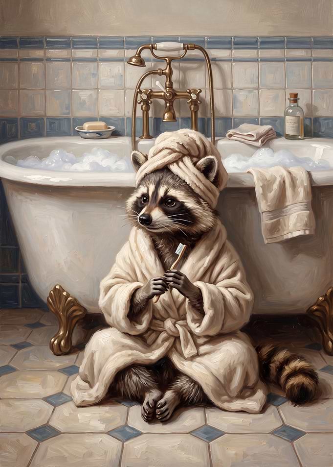 Raccoon in Bathrobe and Towel