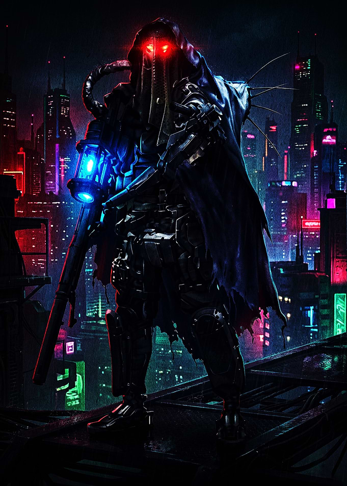 Cyberpunk Hooded Assassin in Neon City