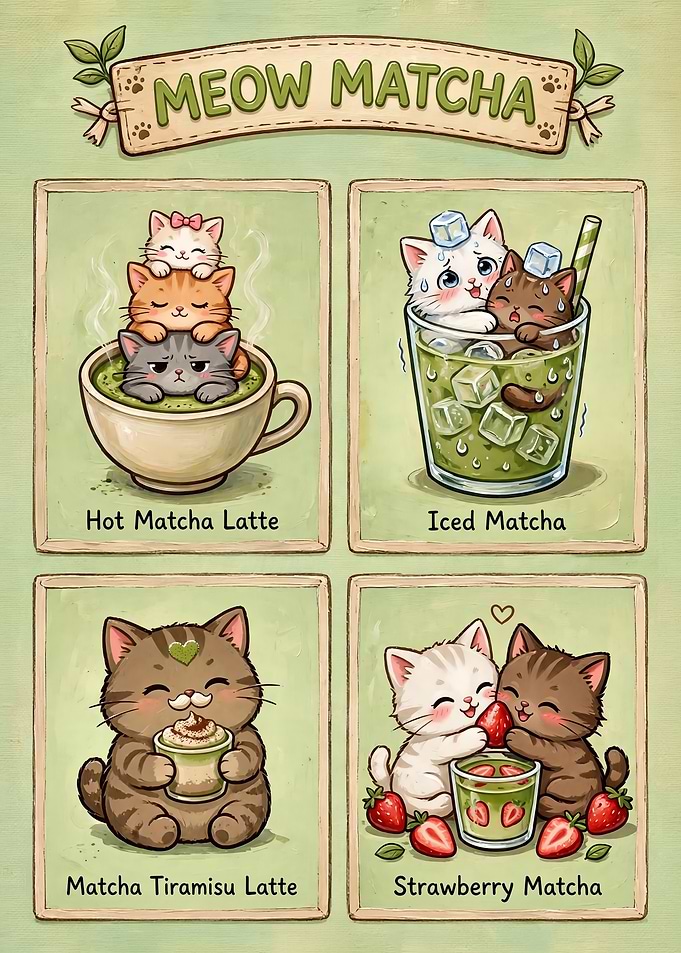 Meow Matcha Cat Drink Menu Poster
